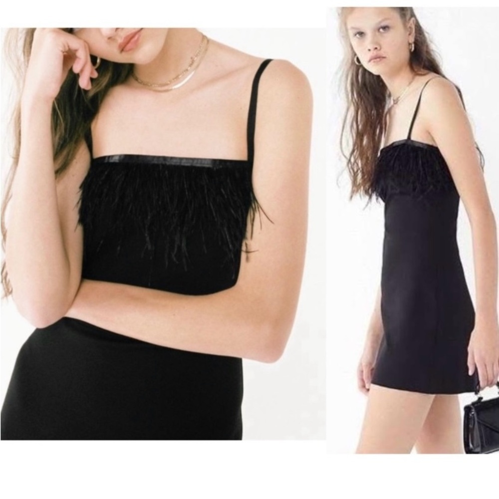 Chic Black Feather Trim Mini Dress Urban Outfitters Clarissa Size 12